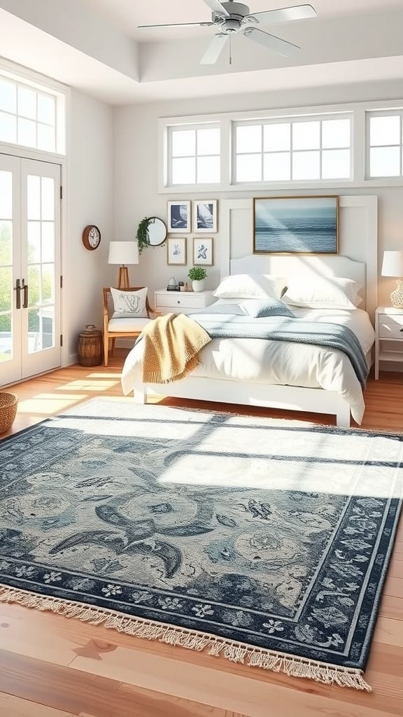 Coastal bedroom featuring a beautiful rug with blue and beige tones.