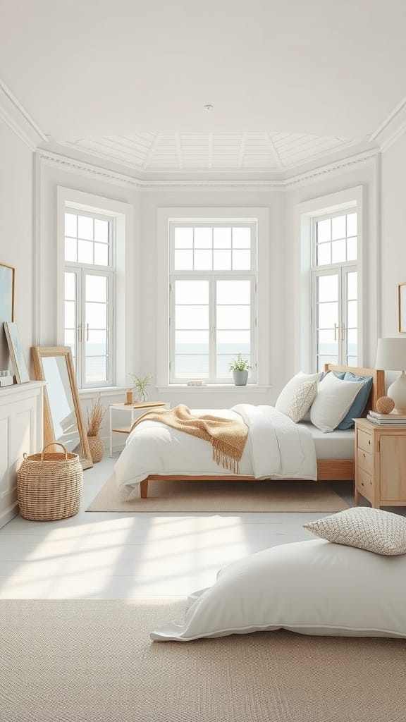 A bright, airy coastal bedroom featuring white walls, large windows, and natural wood furniture.
