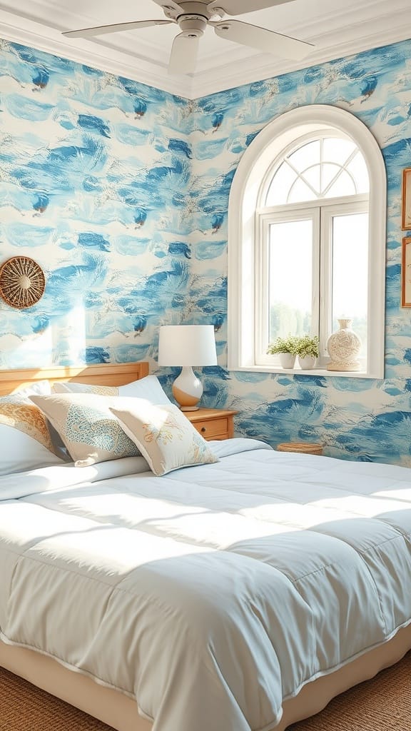 A bright bedroom with ocean-themed wallpaper featuring blue and white wave patterns.