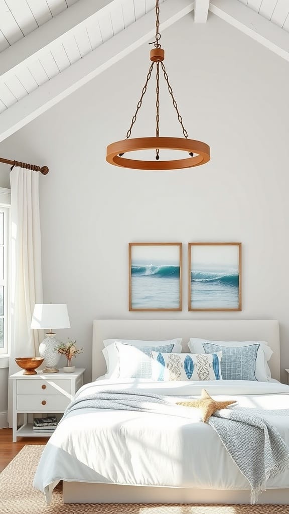 A coastal bedroom featuring pendant lighting, a bed with blue and white accents, and ocean-themed wall art.