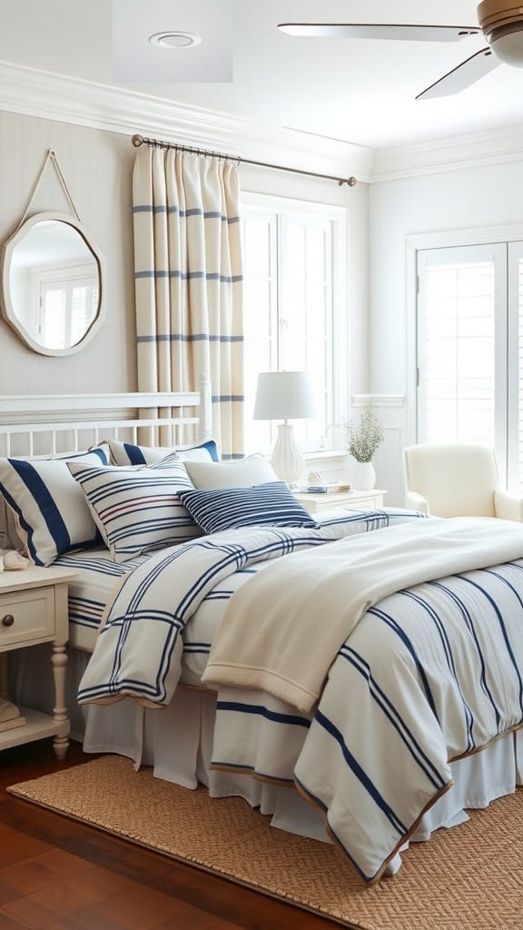 Coastal bedroom featuring striped bedding and curtains