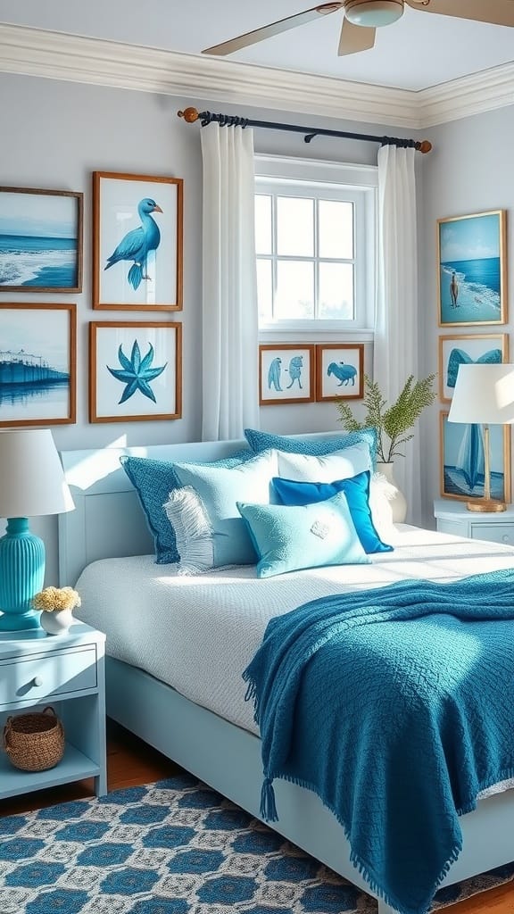 A coastal bedroom featuring blue accents, including pillows, blankets, and wall art.