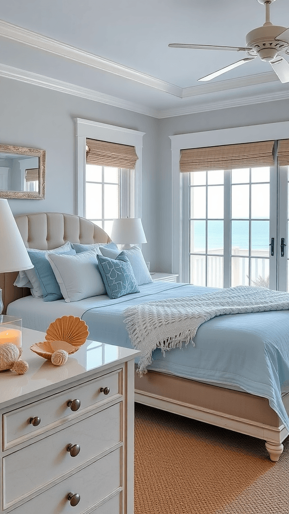 Coastal bedroom with light blue bedding, seashell decor, and ocean view