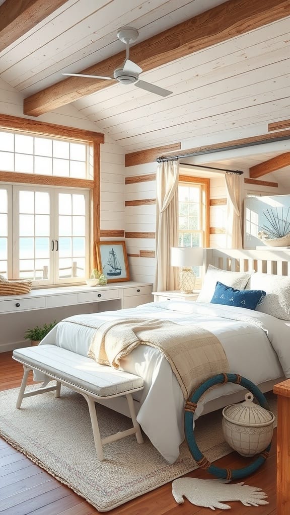 A bright and airy coastal-style bedroom featuring reclaimed wood accents, a cozy bed, and natural light.