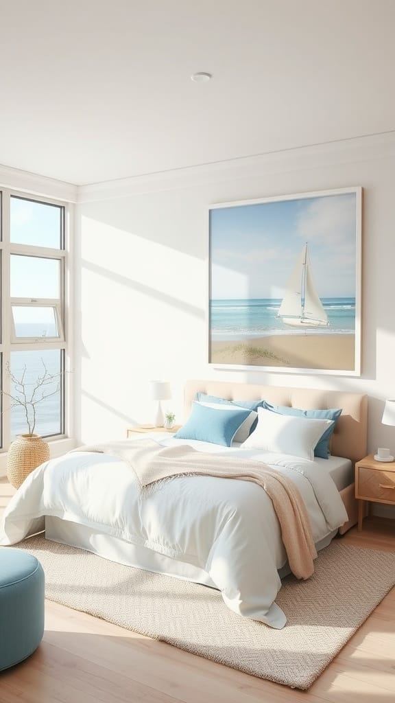 A bright coastal bedroom with oversized beach photography, featuring a bed with soft bedding and blue accents.