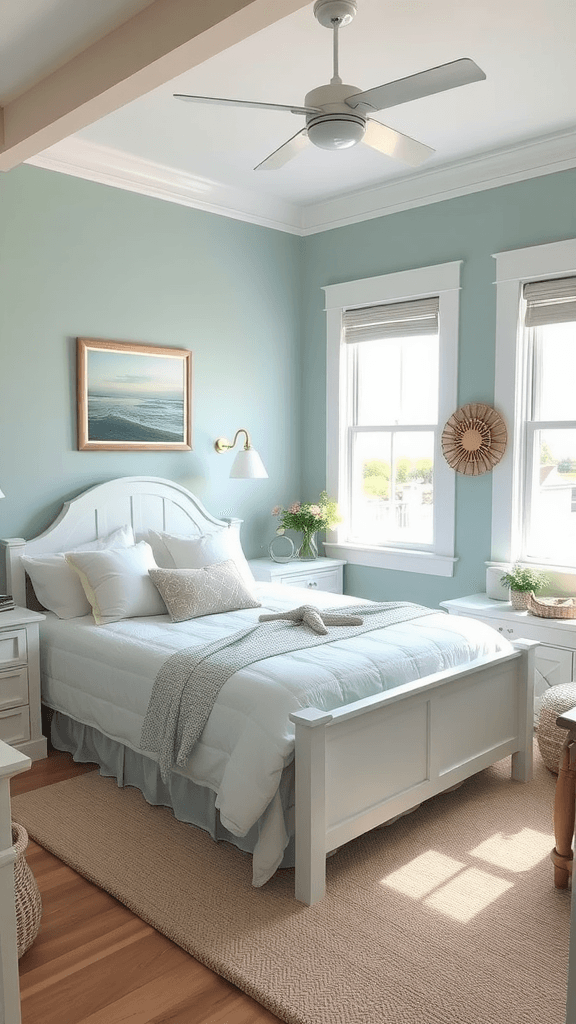 A serene coastal bedroom featuring soft ocean colors and natural textures.