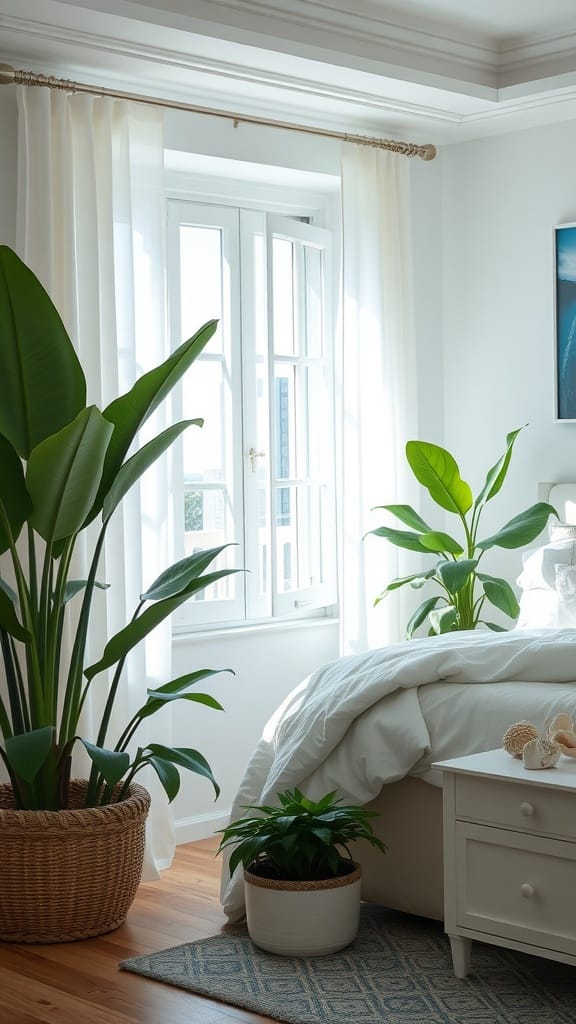 A bright coastal bedroom with plants, featuring a bed, nightstand, and large windows.