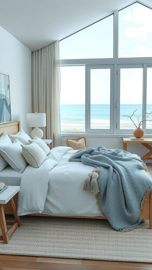 A modern coastal bedroom with a view of the beach, featuring soft colors and natural textures.
