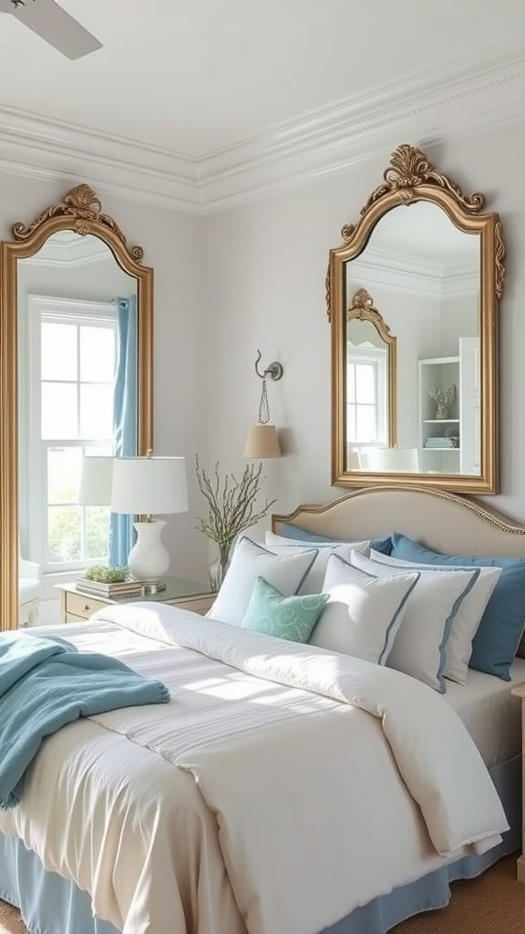 Coastal bedroom with large ornate mirrors reflecting light and beach-inspired decor.