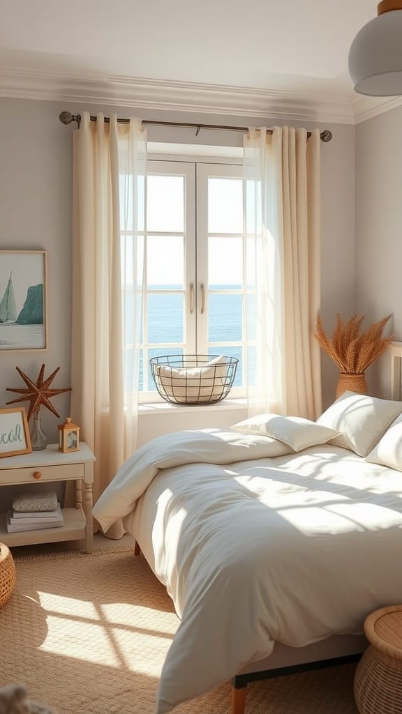 A bright coastal bedroom with large windows, soft beige curtains, and light-colored bedding, overlooking a beautiful sea view.