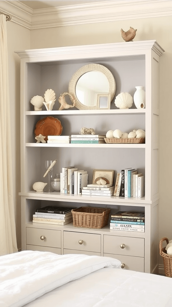 Open shelving styled with coastal trinkets and books in a bedroom