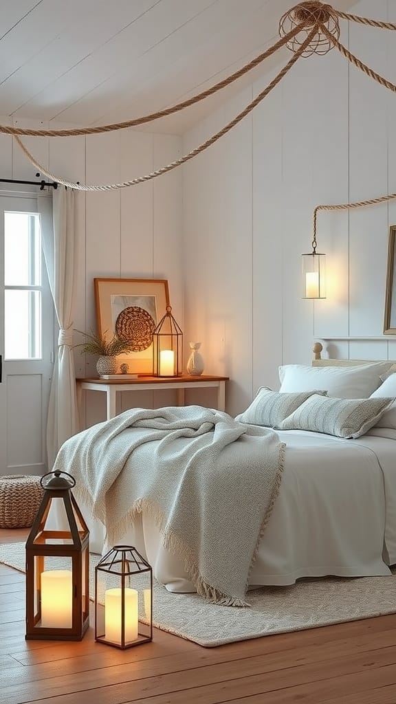 A cozy coastal bedroom featuring rope details and lanterns for a relaxing ambiance.