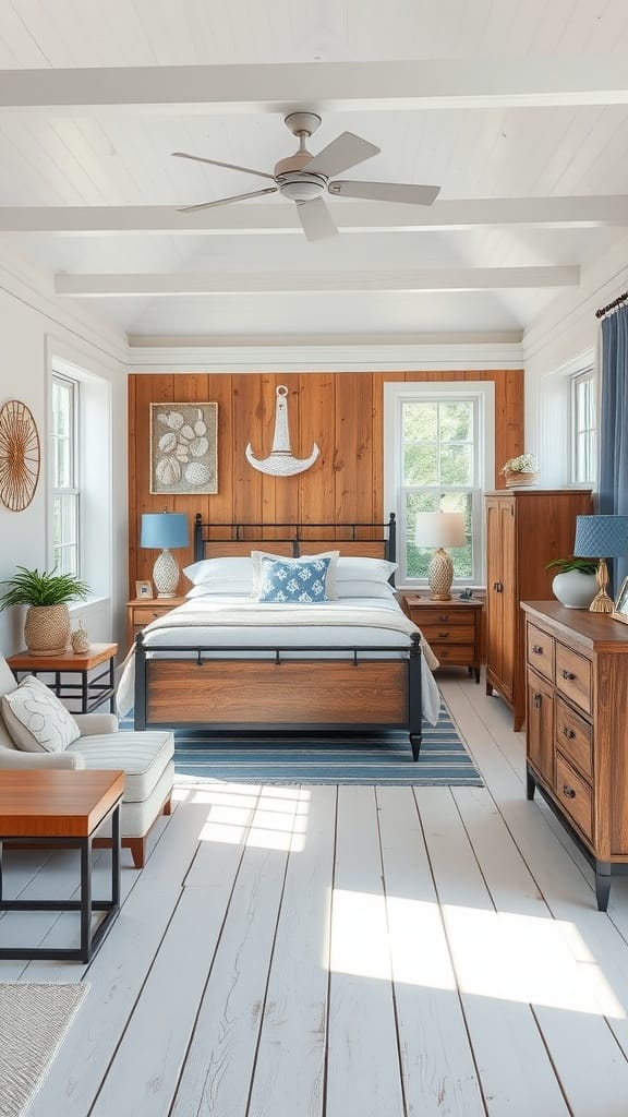 A coastal style bedroom featuring rustic wood and metal elements, with a mix of whitewashed floors and natural light.