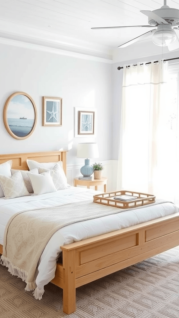 Coastal bedroom featuring a natural wood bed frame, light bedding, and nautical artwork.