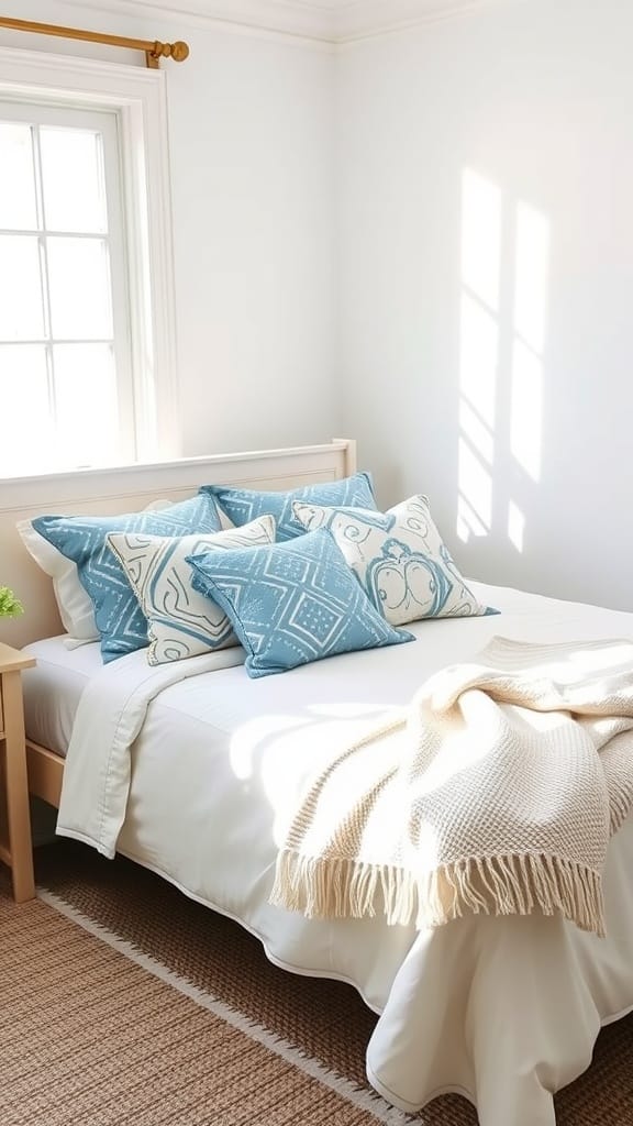 Coastal bedroom with patterned throw pillows on a bed