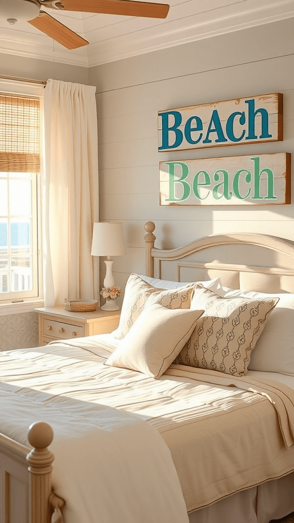 Hand-painted beach-themed sign above a cozy coastal bedroom.
