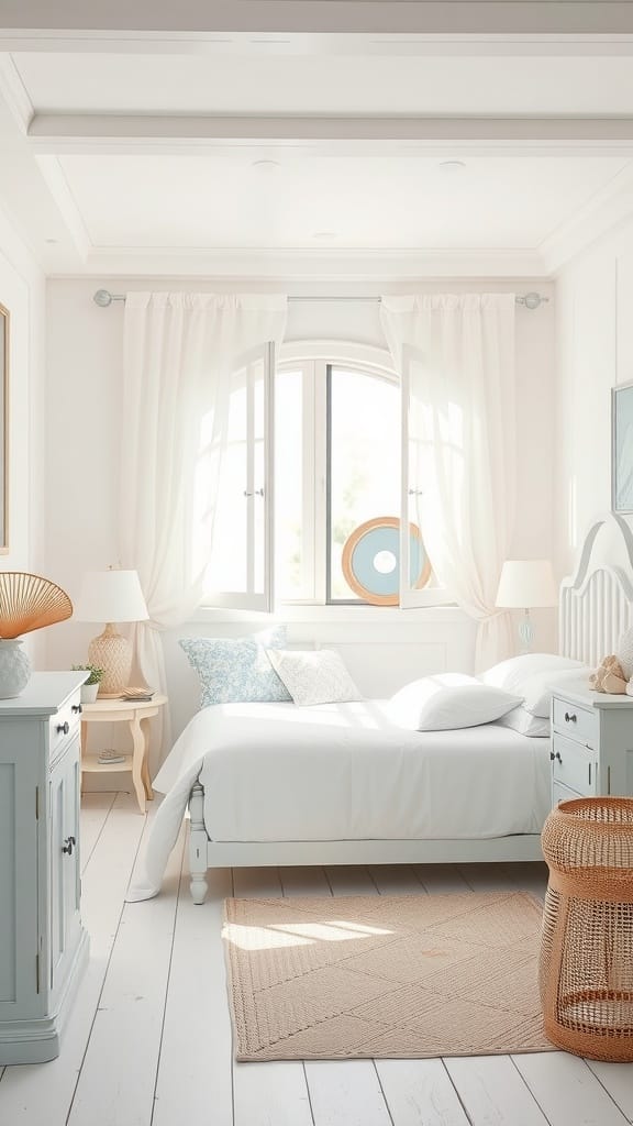 A bright coastal bedroom with whitewashed furniture, soft lighting, and light-colored accents.