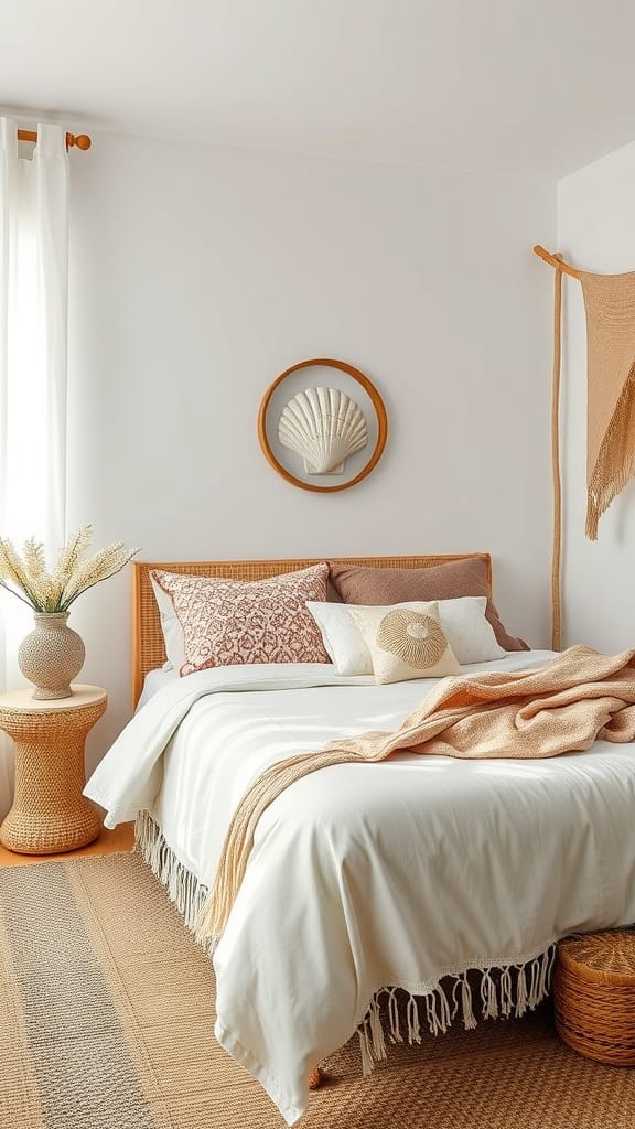 A cozy coastal bedroom featuring a white bedspread, textured pillows, and natural decor elements.