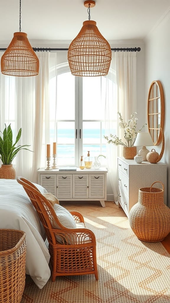 A bright coastal bedroom featuring rattan and wicker furniture, large windows, and a beach view.