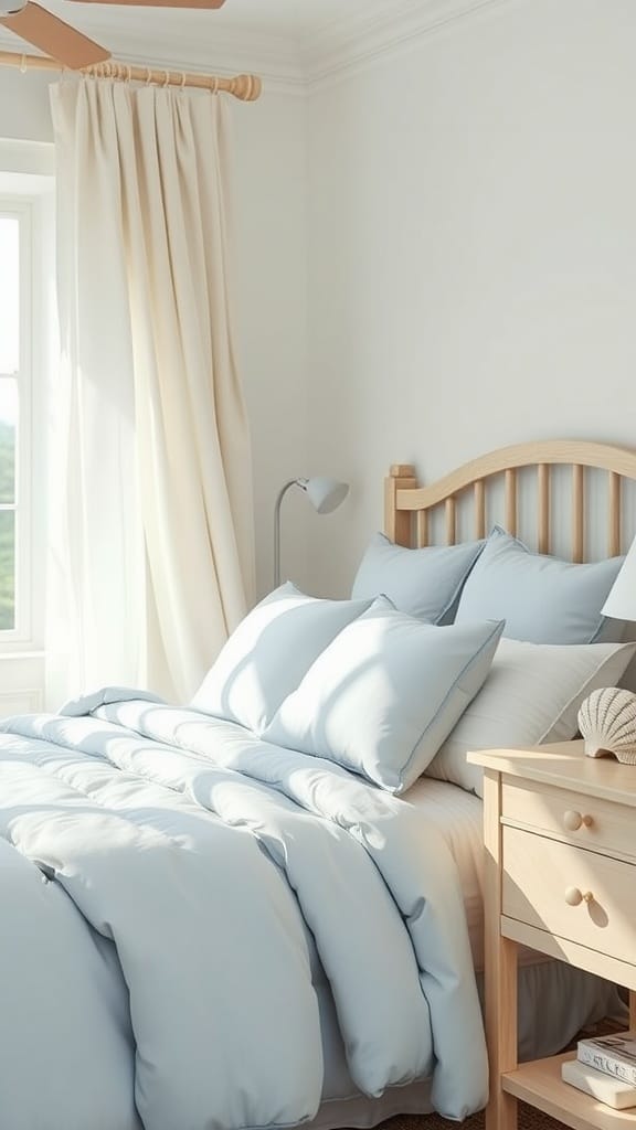 A cozy coastal bedroom with light blue linen bedding and natural wood furniture.