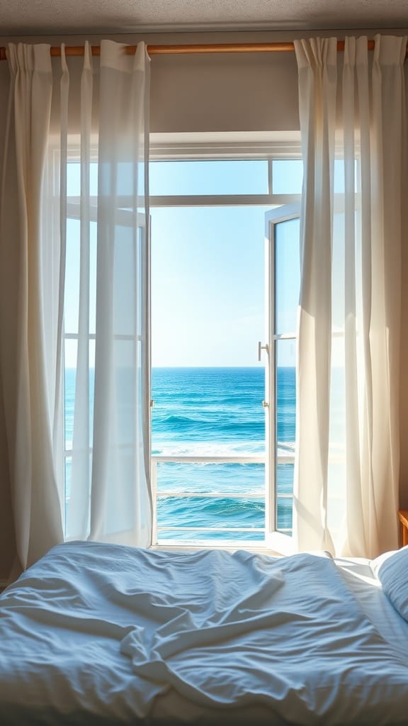 A bright coastal bedroom with sheer curtains framing a view of the ocean.