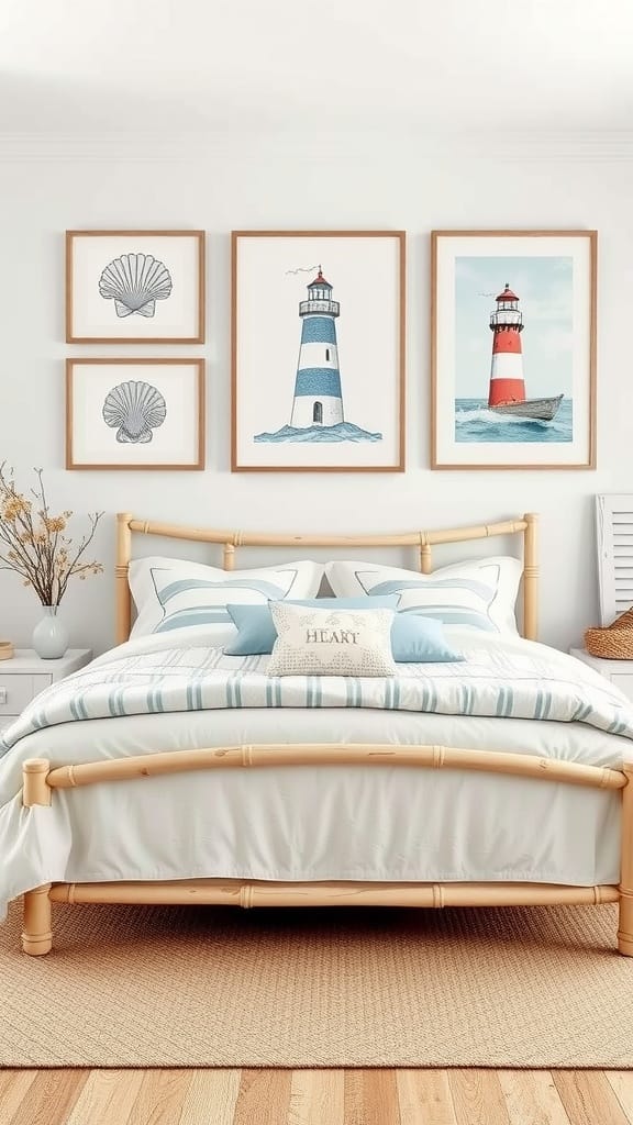 A coastal bedroom featuring nautical-themed wall art with lighthouses and seashells, complemented by light bedding.
