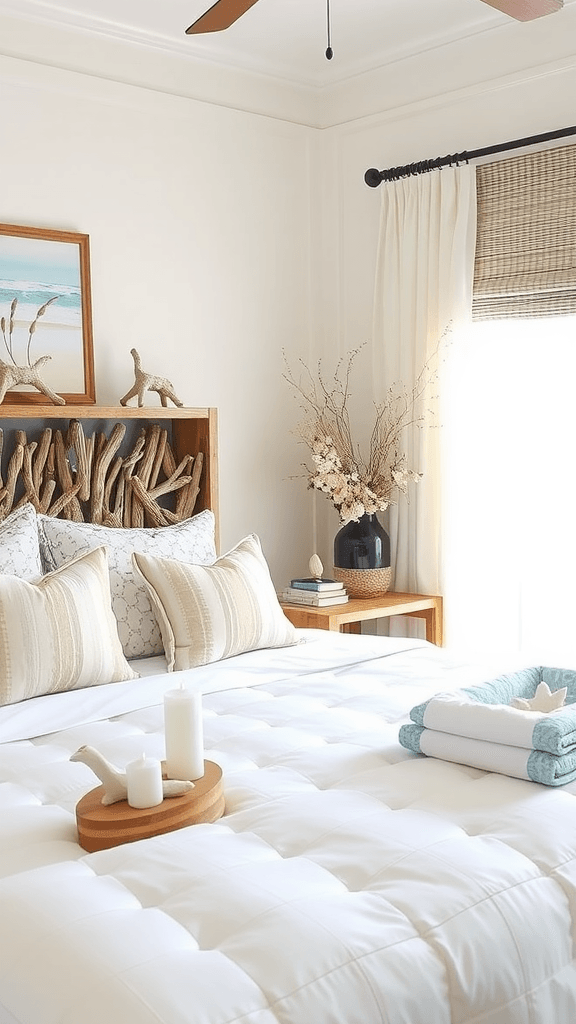 Coastal bedroom featuring a driftwood headboard and neutral decor.