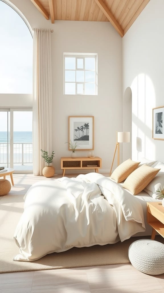 A bright coastal bedroom featuring neutral tones and natural materials, with a view of the beach.