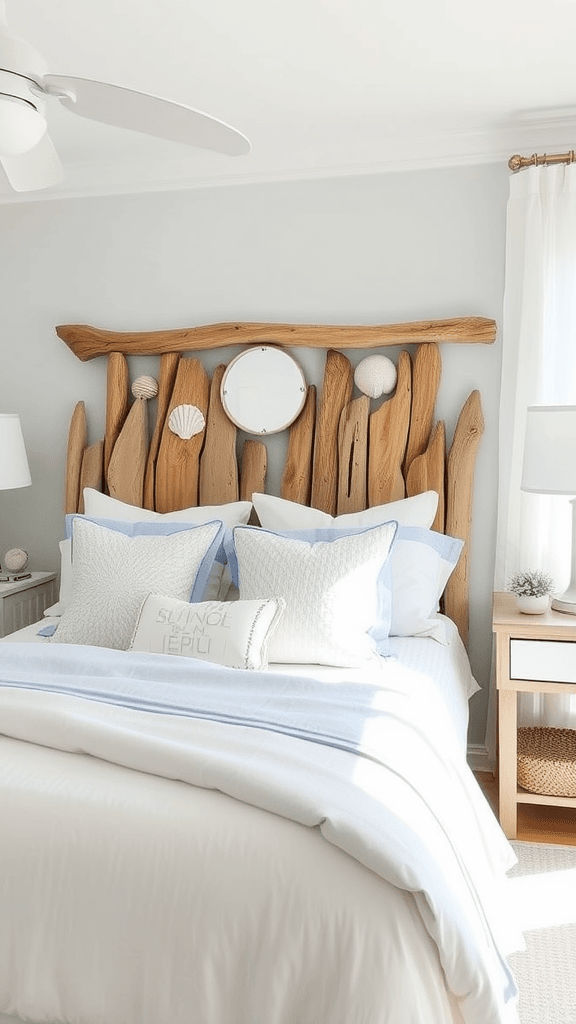Bright coastal bedroom with driftwood headboard and light decor