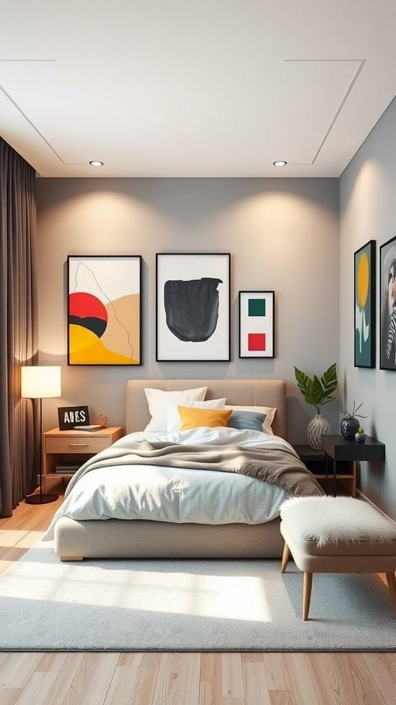 A modern teen boy bedroom featuring abstract art pieces.