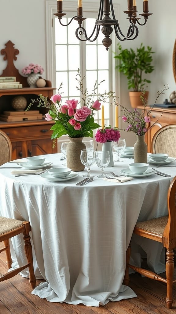 A round dining table set with soft linens and floral arrangements, showcasing a cozy dining room atmosphere.