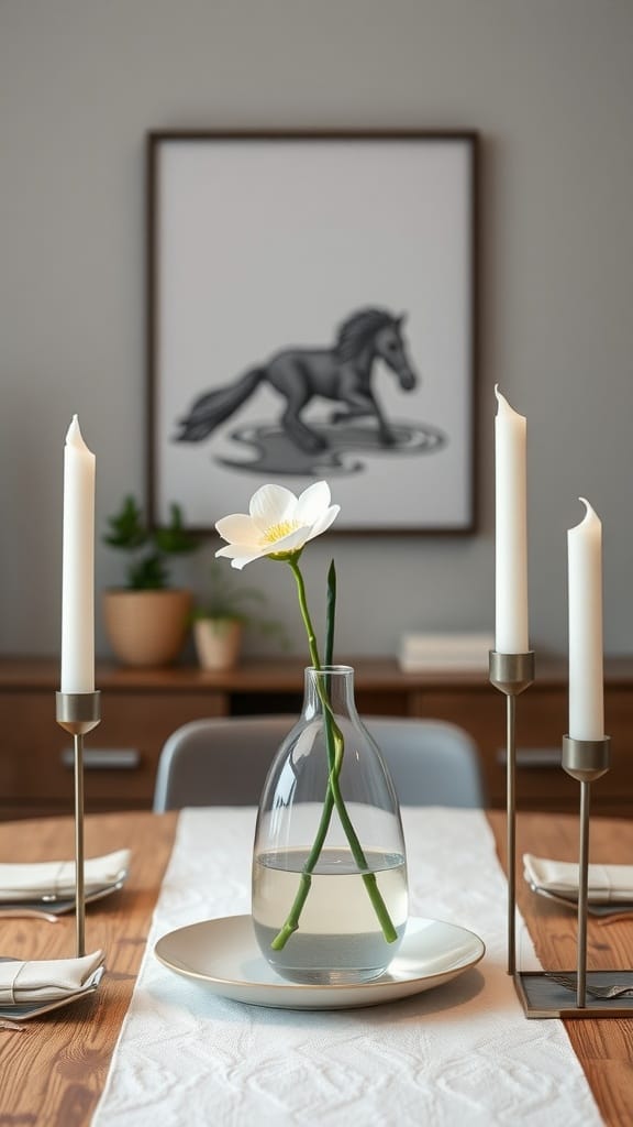 Minimalist dining room table centerpiece with a flower vase and candles.