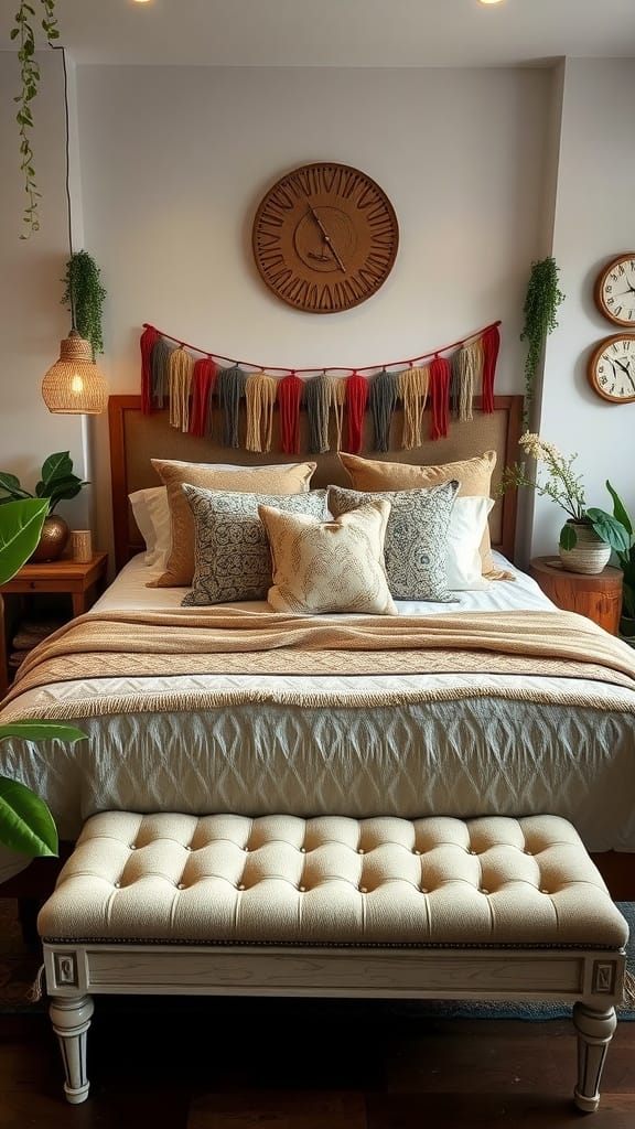 Cozy boho chic bedroom featuring a stylish bench at the foot of the bed.