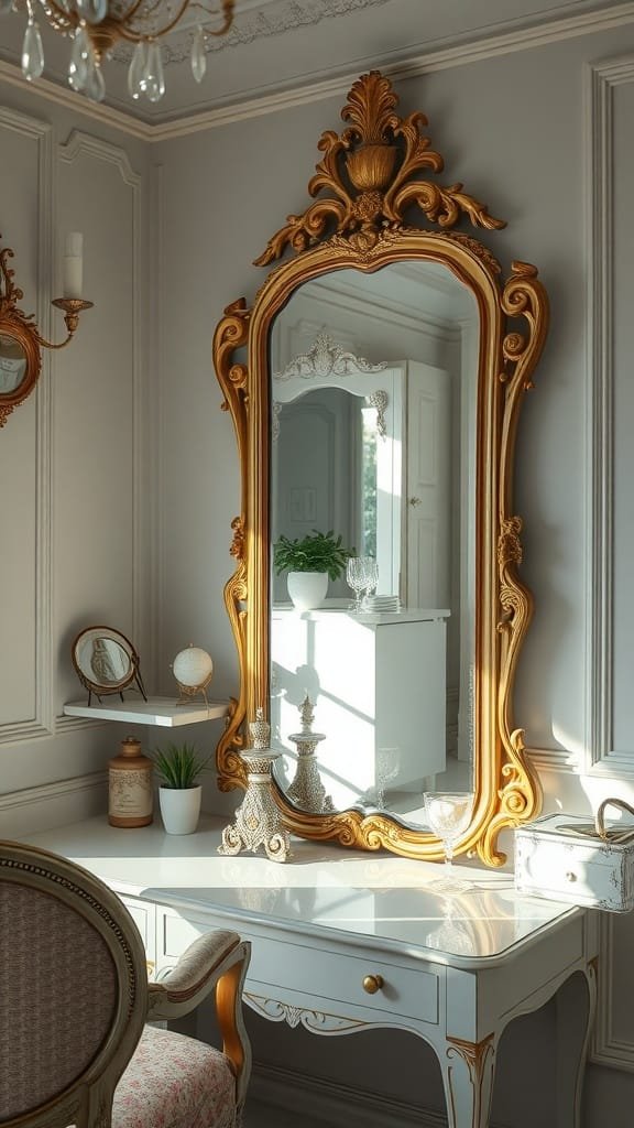 A beautifully ornate gold gilded mirror in a chic vintage dressing room setting.