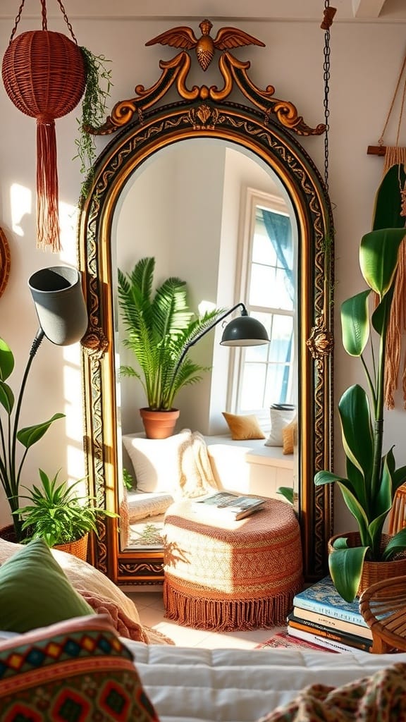 A boho chic bedroom featuring a large ornate mirror, plants, and cozy decor.