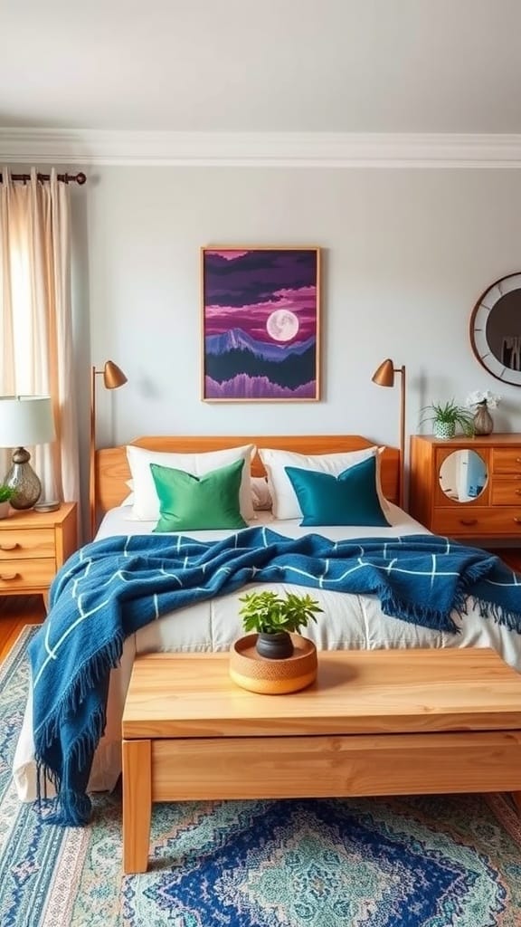 A cozy boho chic bedroom featuring jewel-toned accents with a blue blanket, green cushions, and colorful artwork.