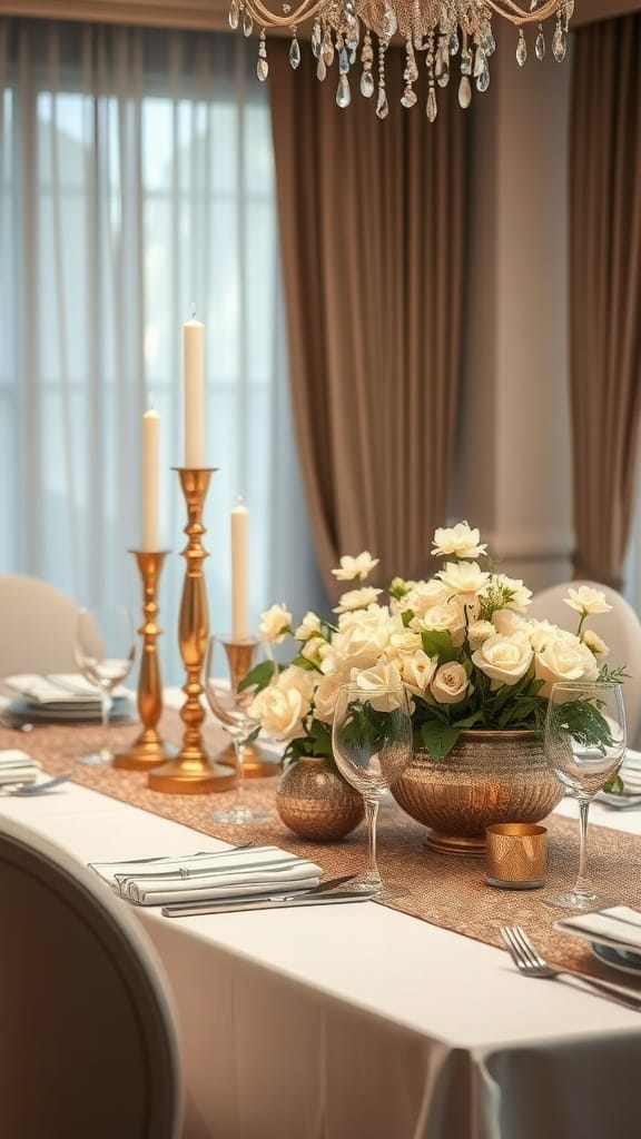 A beautifully set dining table with metallic candle holders and floral arrangements.