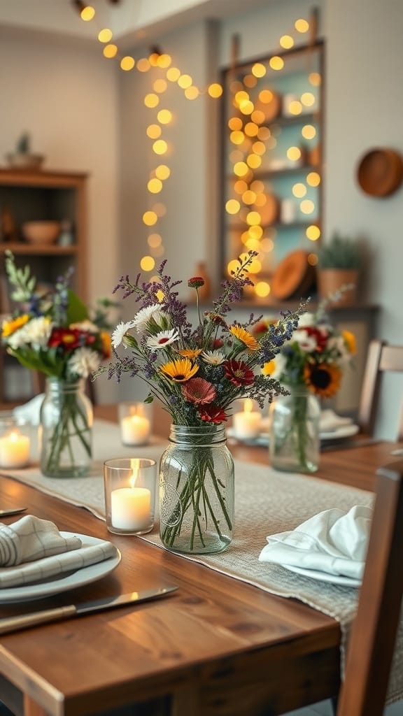 A rustic dining table featuring mason jar centerpieces with flowers and candles.
