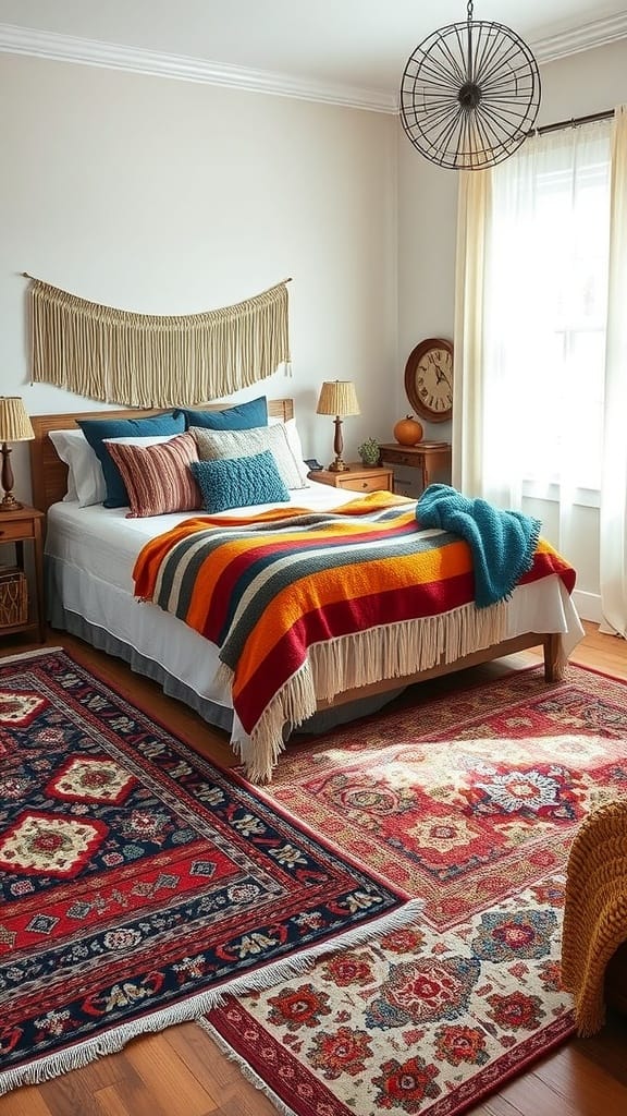 A cozy boho chic bedroom featuring layered rugs and colorful throws on a bed.