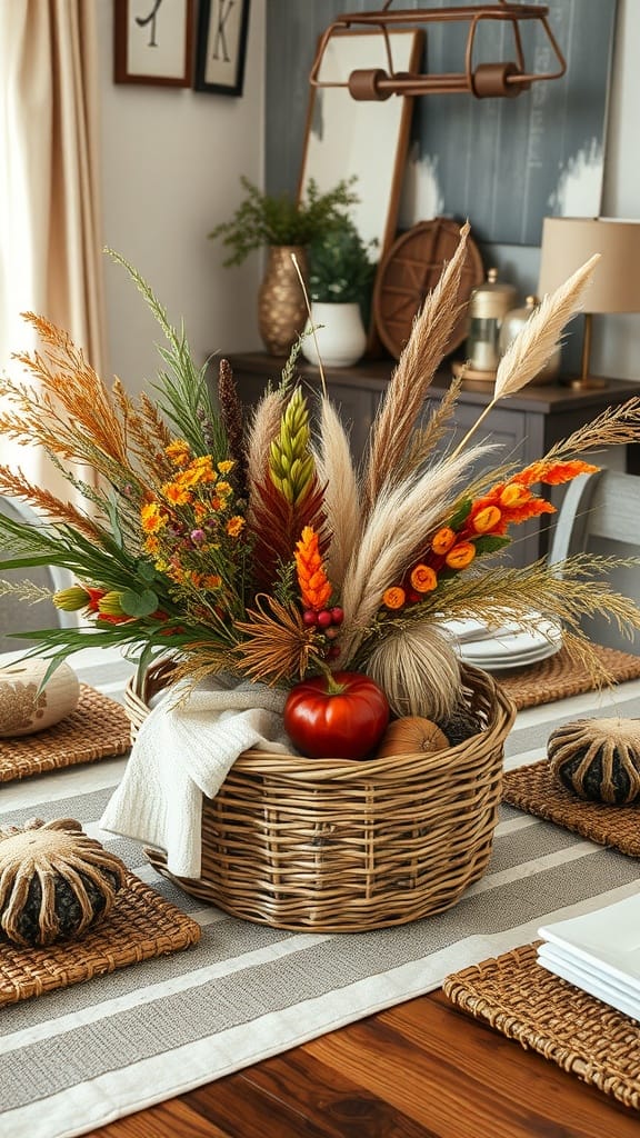 A dining room table with woven baskets and natural elements as a centerpiece.