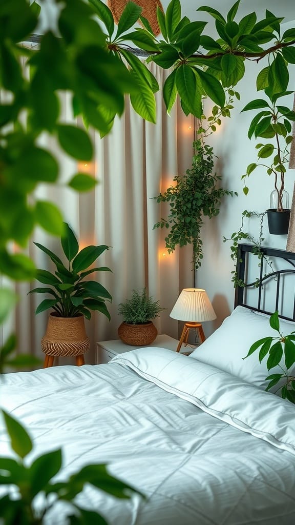 Cozy bedroom with plants, showcasing a full bed and warm lighting.