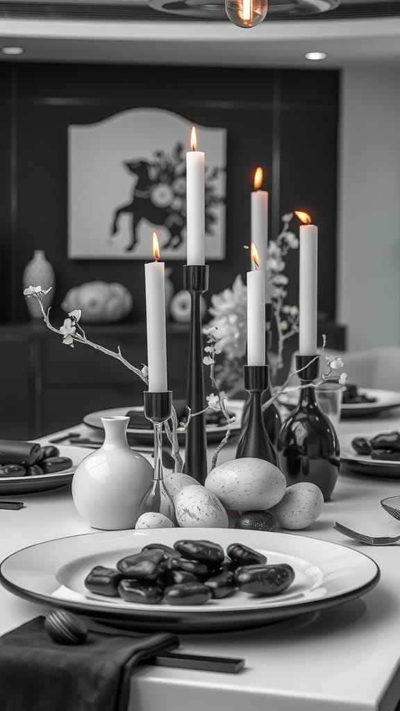 A modern monochrome dining table centerpiece featuring black and white candles, elegant vases, and decorative stones.