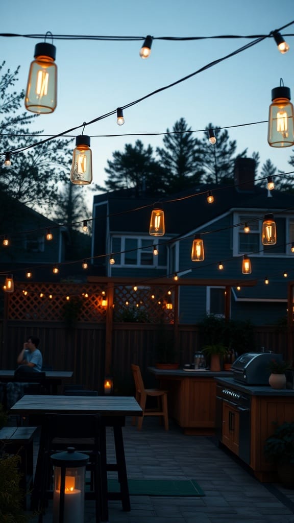 Outdoor kitchen with string lights illuminating the space in the evening.