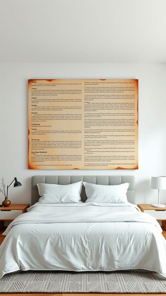 Modern bedroom featuring art-inspired walls with a large canvas above the bed.