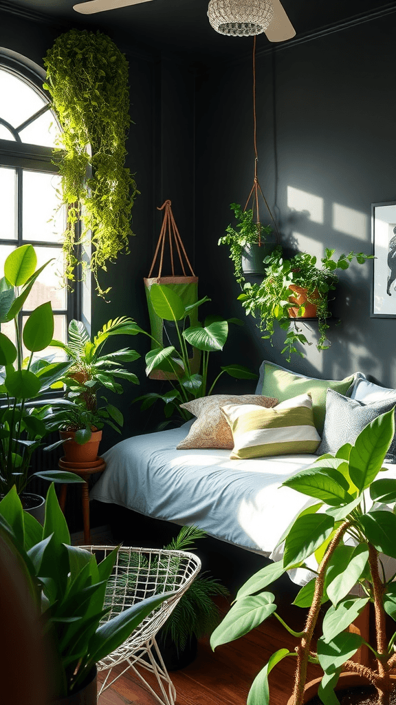 A stylish black and green bedroom featuring a framed wall art piece with bold letters.
