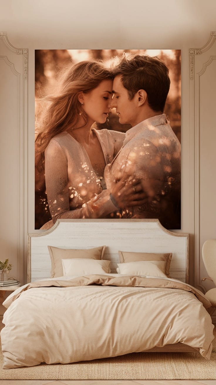 A romantic bedroom featuring a large artwork of a couple embracing.