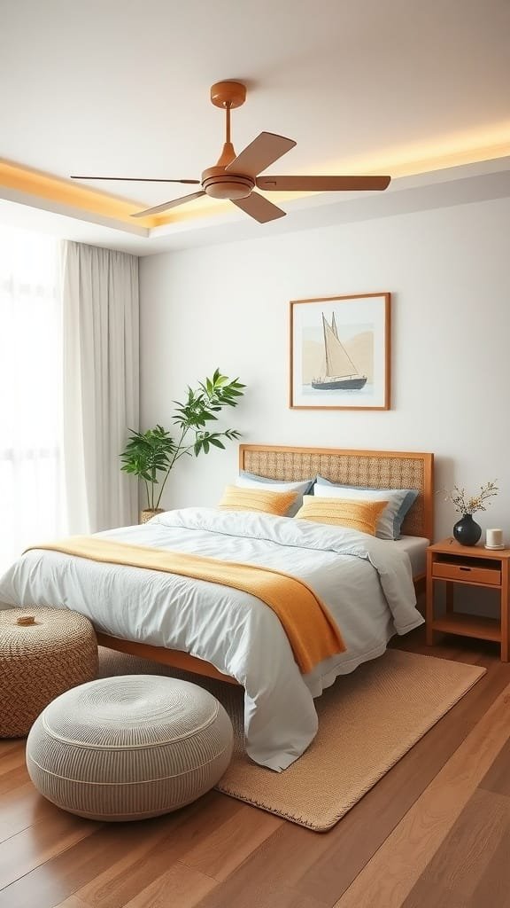 A cozy coastal bedroom with bamboo accents, featuring a light color palette and tropical plants.