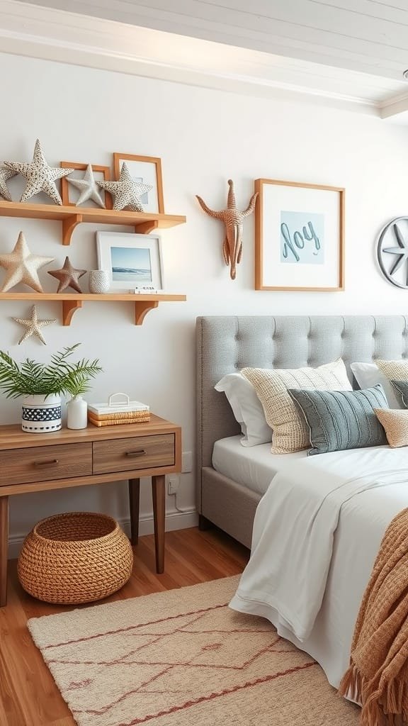 Coastal bedroom with beachy accessories like starfish and seashells on display