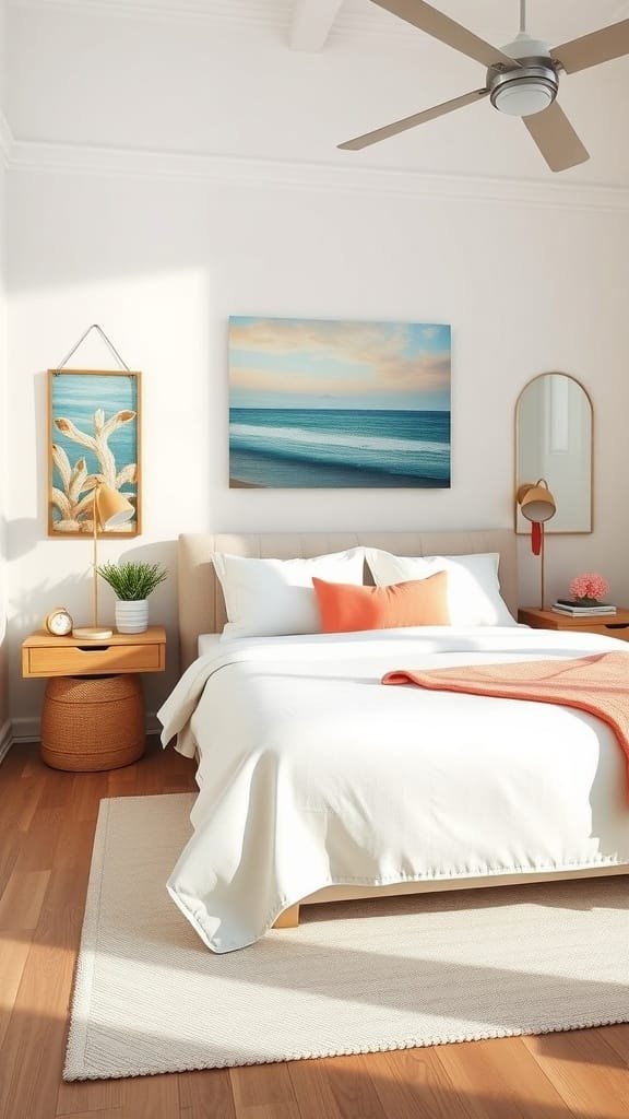 A cozy coastal bedroom with beachy color accents featuring a white bed, coral and aqua cushions, and nautical artwork.