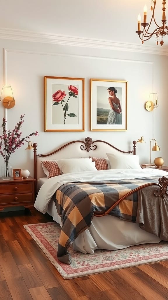 A cozy bedroom with beautifully framed artwork, showcasing a full bed with warm bedding and inviting decor.